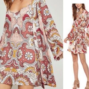 BCBGMaxAzria Paisley Long Sleeve Duster and Slip Dress in Red and Cream
